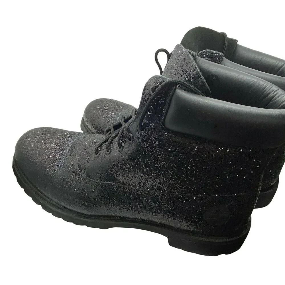 Timberland Men's Black Glitter Lace Up Ankle Block Heel Combat Boots size 15 W